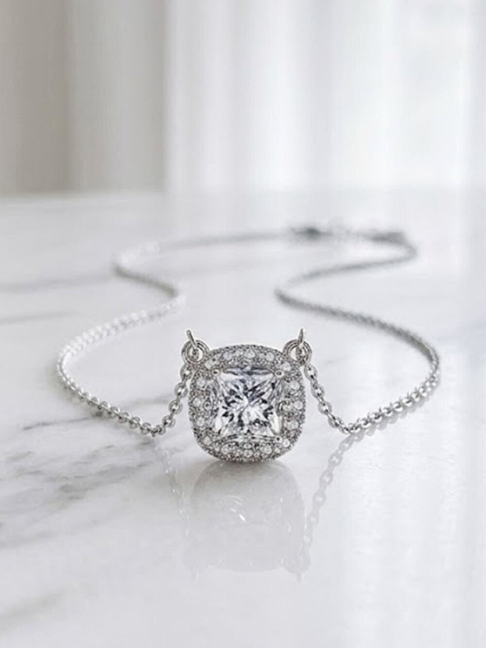 Stunning Square CZ Necklace - Ladies Elegant Square Necklace